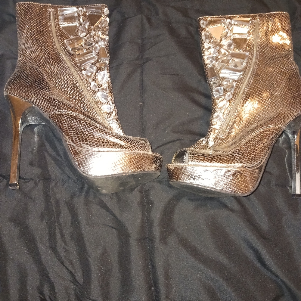 Bronze colored rhinestone peep toe heels